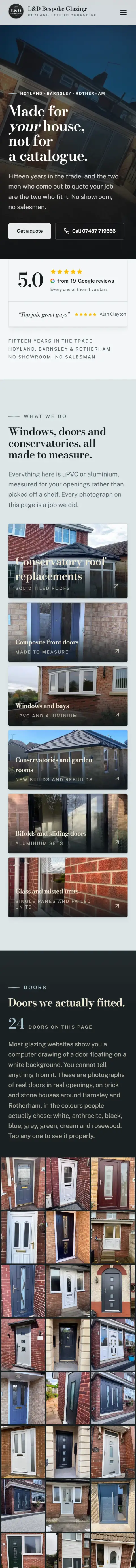 L&D Bespoke Glazing website on a phone